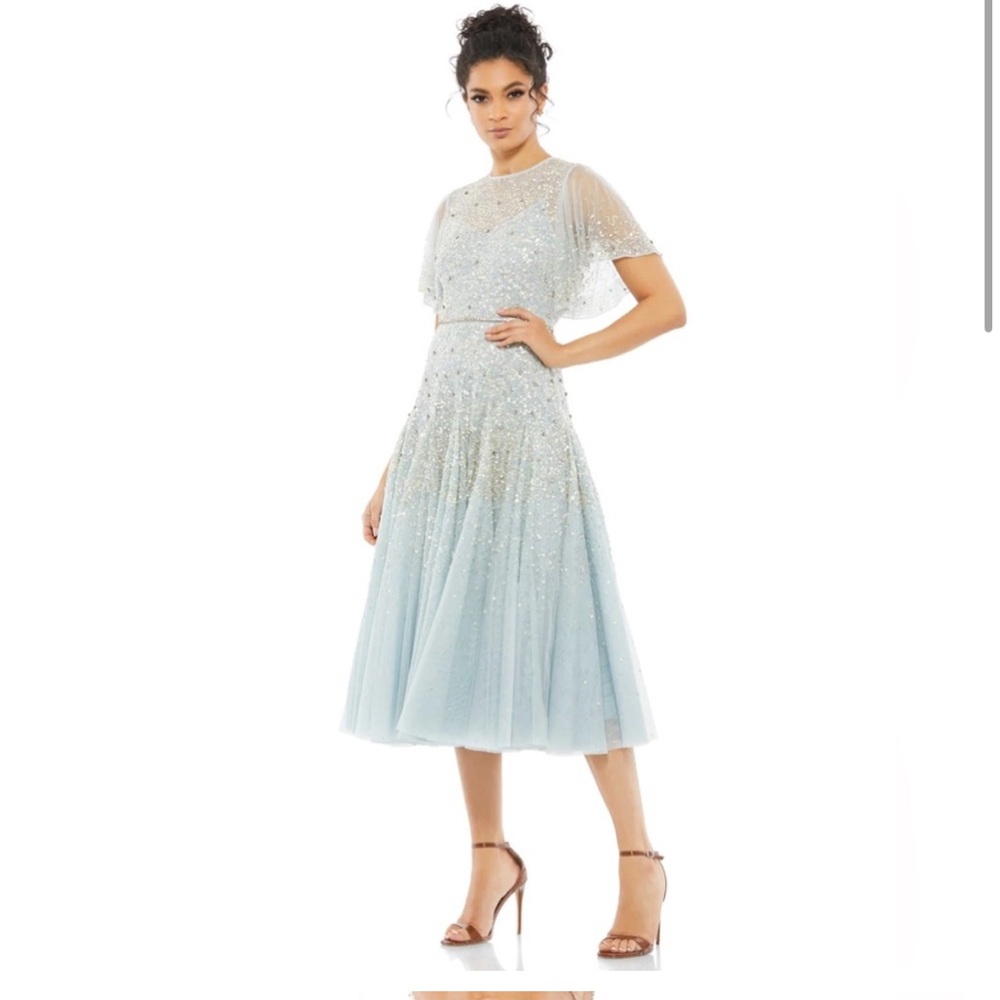 Mac Duggal Light Blue Embellished Tulle Midi Dress